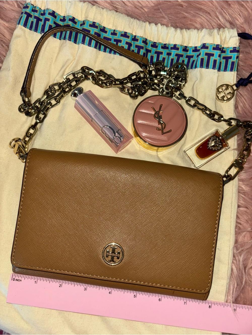 Tory Burch Tan Saffiano Leather Crossbody with Gold Chain Strap